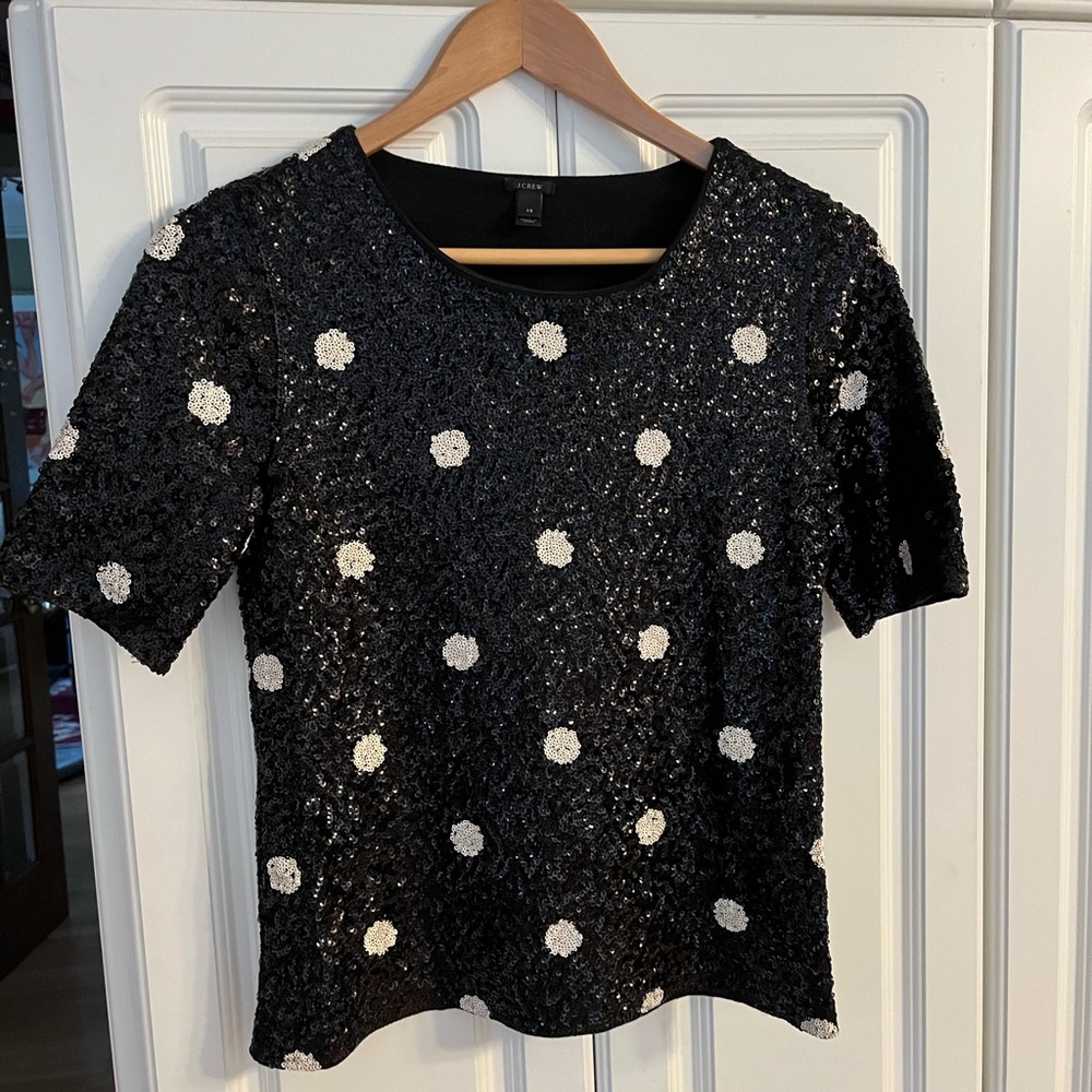 J. Crew Black and White Sequin Short Sleeve Shirt